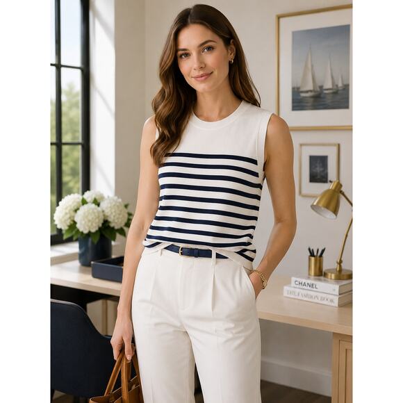 J. Crew Tops - NWT J.CREW CA085 White & Navy Striped Cotton Sweater Shell Tank XL